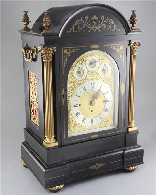 A late 19th century ebonised and brass inlaid quarter chiming bracket clock, height 65cm.
